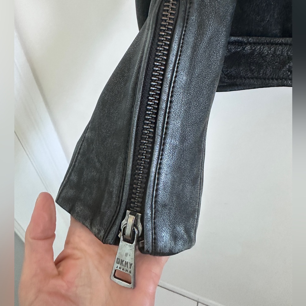 DKNY Jeans Charcoal Leather Moto Jacket - Picture 11 of 16